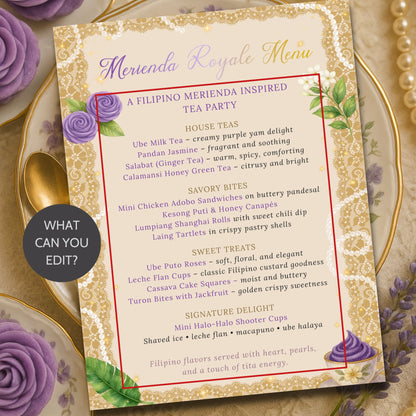 Tea party menu with decorative elements on a gold plate