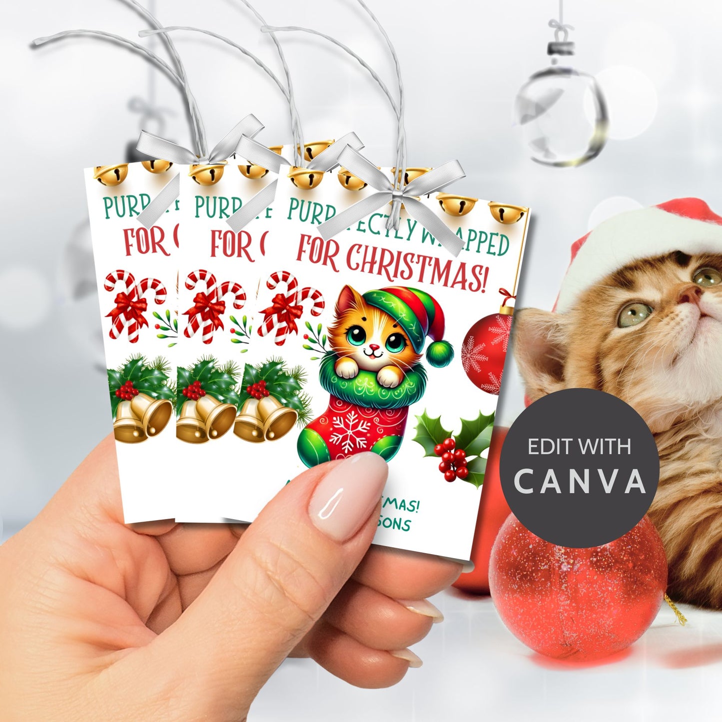 Christmas gift tags featuring a cute kitten snuggled in a festive stocking with holiday decorations like bells, candy canes, and holly, paired with the message "Purr-fectly Wrapped for Christmas!" These printable and editable tags add a cozy, festive touch to holiday gifts.