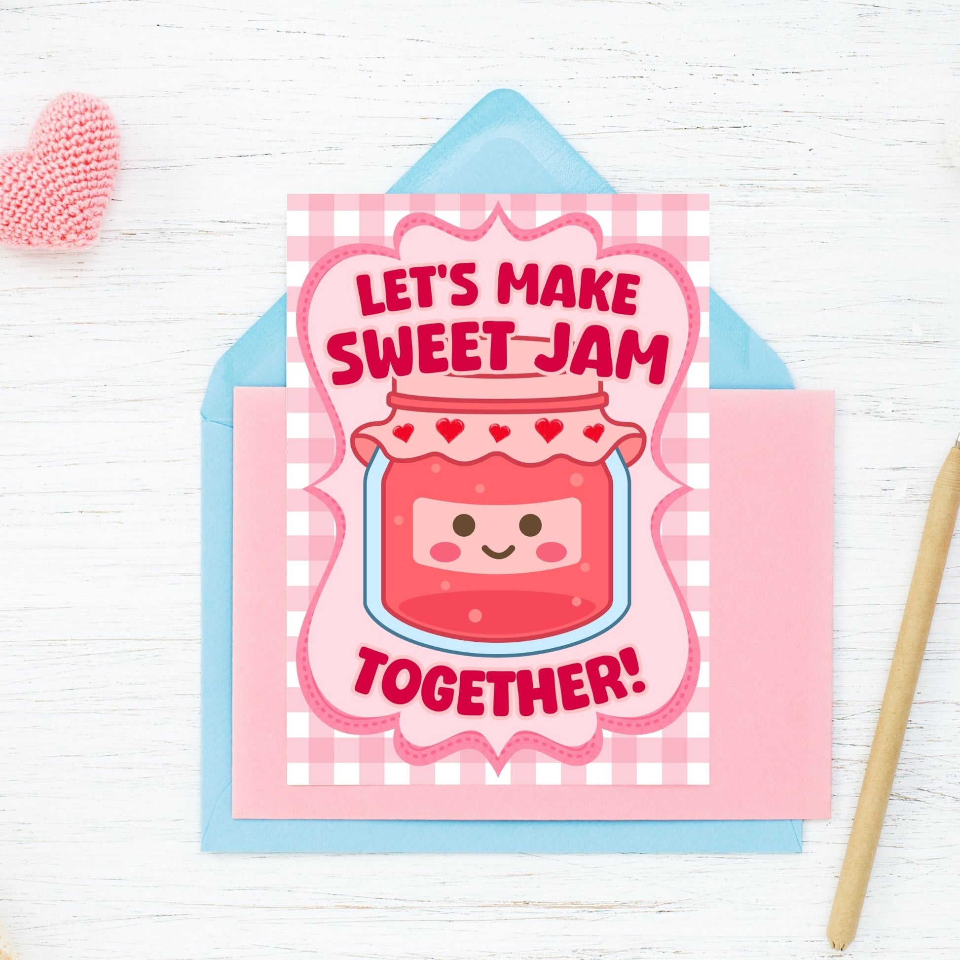 Printable Valentine’s Day Greeting Card featuring the phrase “Let’s Make Sweet Jam Together” with a berry and jam theme. Designed as a 5x7 PDF on an 8.5 x 11 sheet with two cards per page. A sweet and punny Valentine’s card for loved ones.