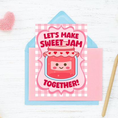 Printable Valentine’s Day Greeting Card featuring the phrase “Let’s Make Sweet Jam Together” with a berry and jam theme. Designed as a 5x7 PDF on an 8.5 x 11 sheet with two cards per page. A sweet and punny Valentine’s card for loved ones.