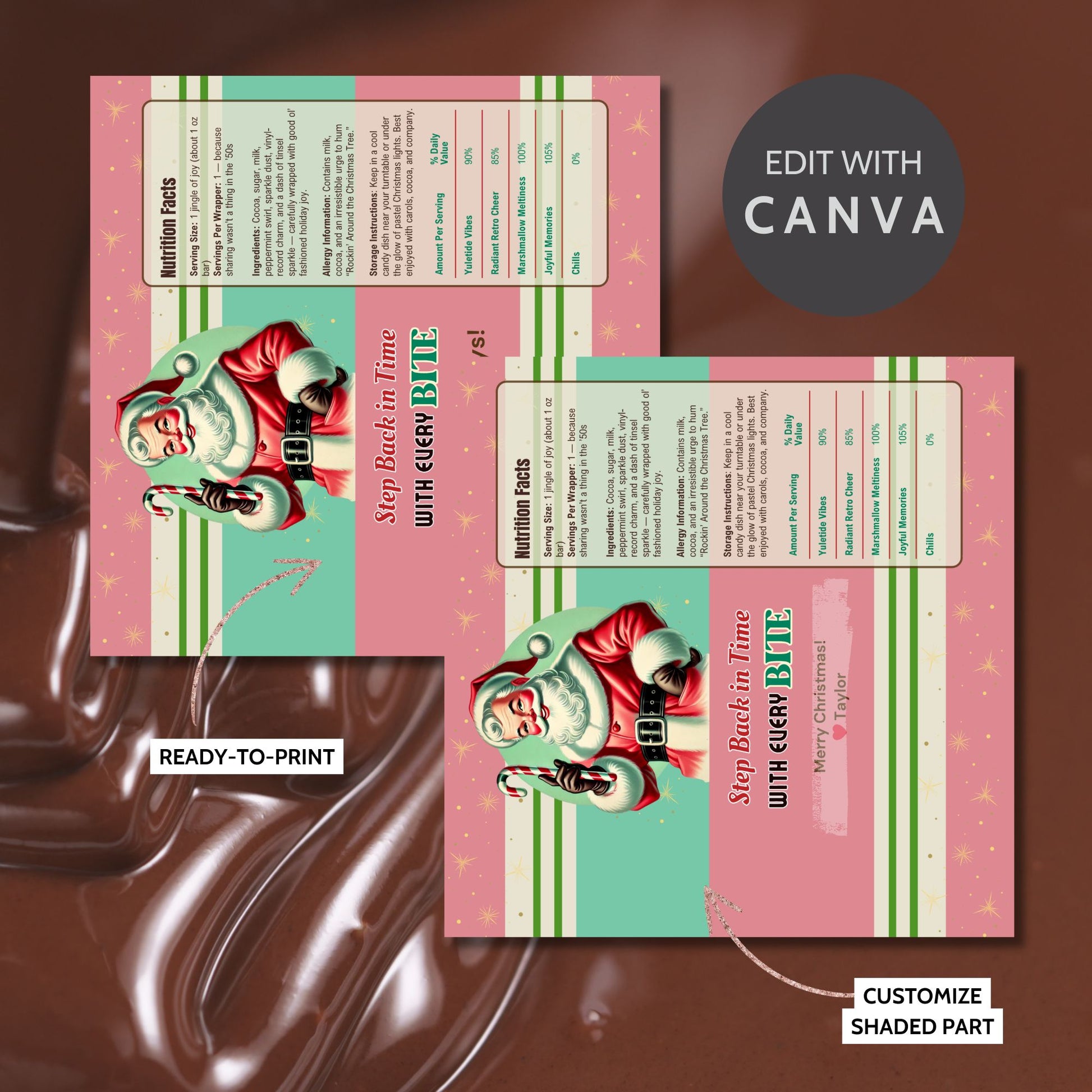 Design templates with vintage Santa Claus illustration on a brown background, featuring Canva editing option.