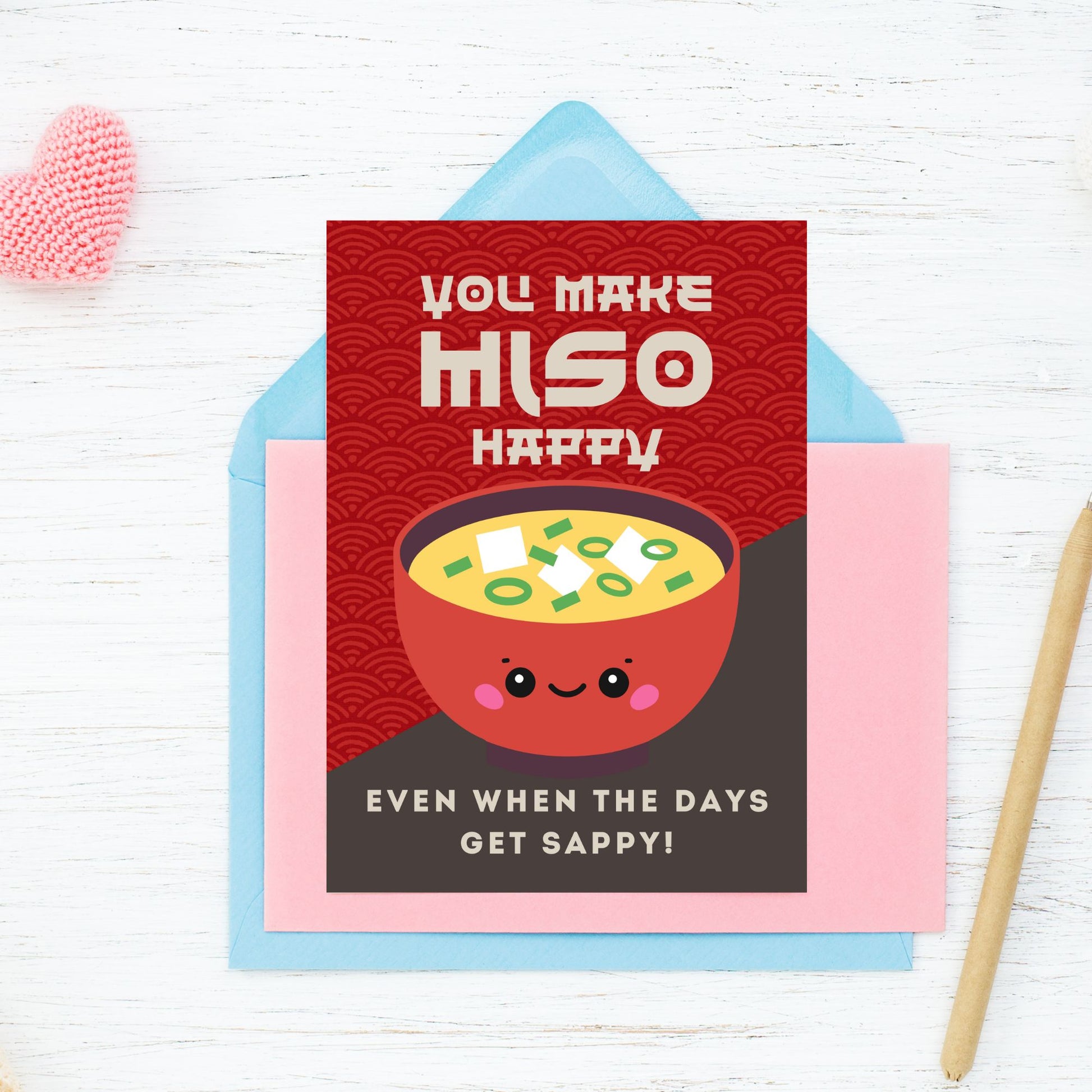 Printable 5x7 greeting card featuring a smiling bowl of miso soup and the message “You Make Miso Happy,” perfect for friends, teachers, or moms. Available as a PDF instant download.