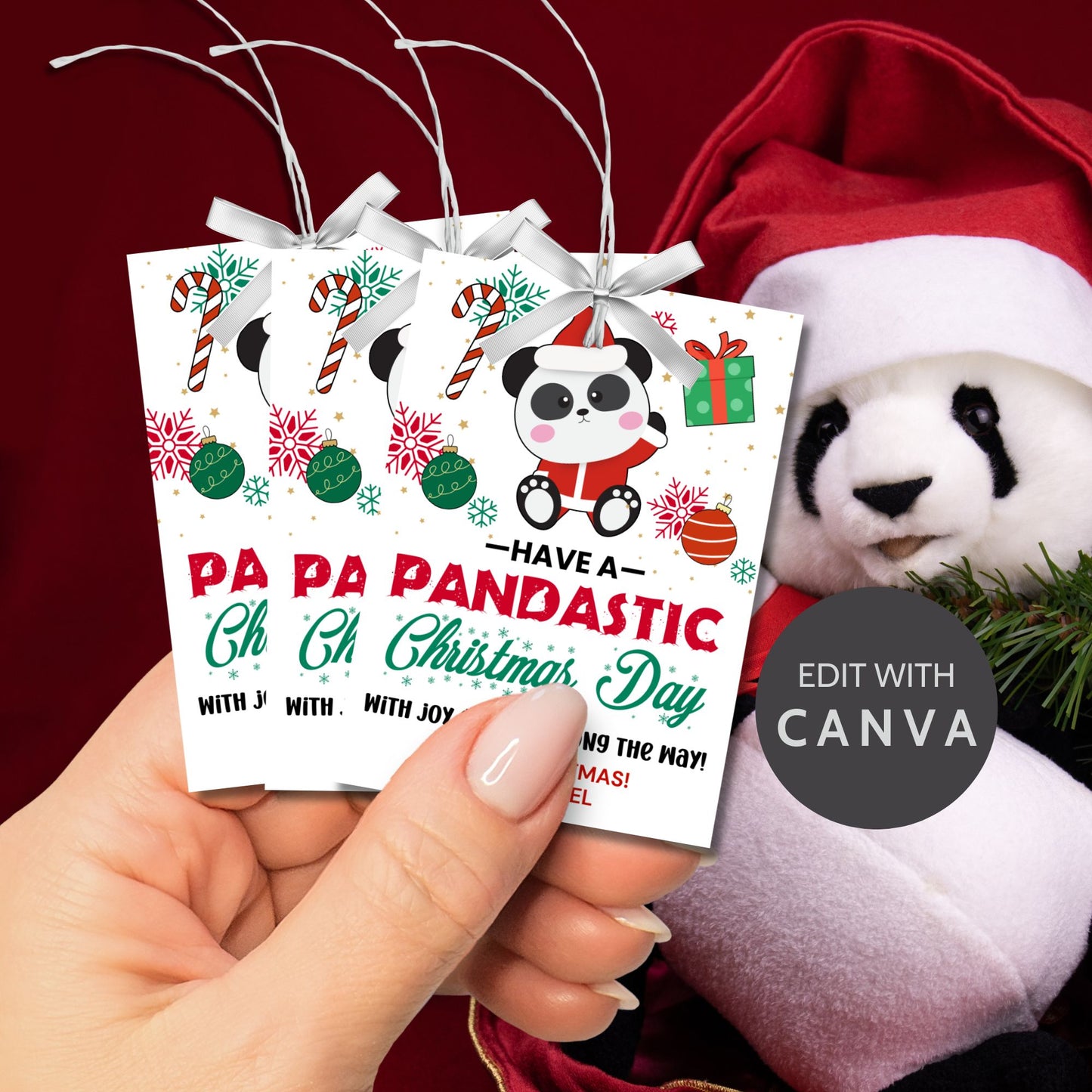 Panda-themed Christmas gift tags featuring a festive panda with holiday decorations and the message 'Have a Pandastic Christmas Day.' Perfect for adding a cute and cheerful touch to holiday presents.