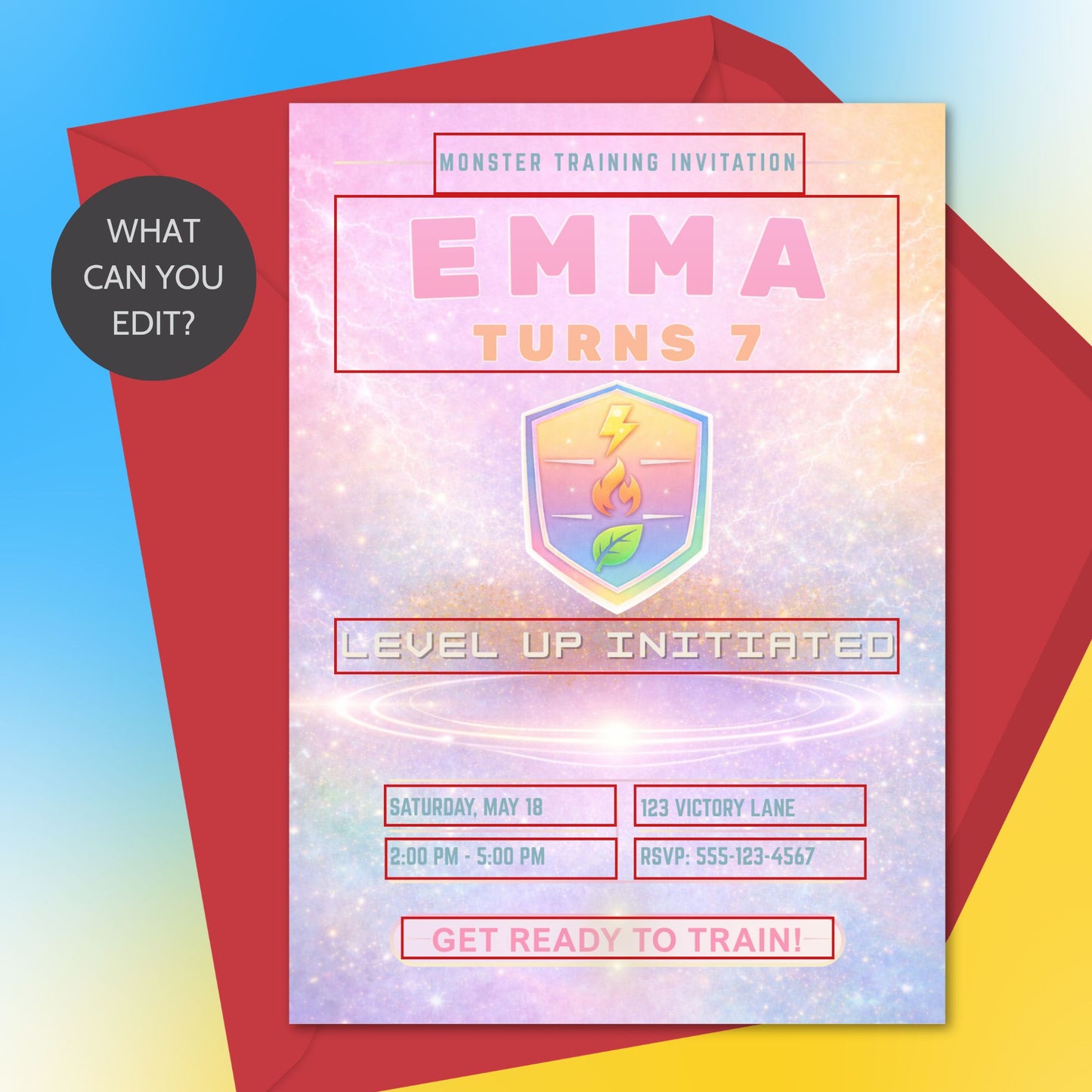 Editable pastel rainbow monster trainer inspired birthday invitation with soft glowing arena, cute badge design, and customizable party details in Canva