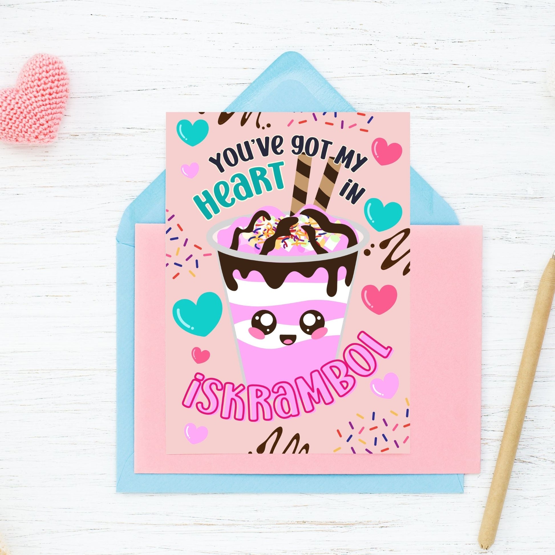 Printable Valentine’s Day card featuring the phrase “You’ve Got My Heart in Iskrambol” with a fun and colorful ice scramble design. Designed as a 5x7 PDF on an 8.5 x 11 sheet with two cards per page. A punny and heartfelt Valentine’s card for Filipino food lovers.