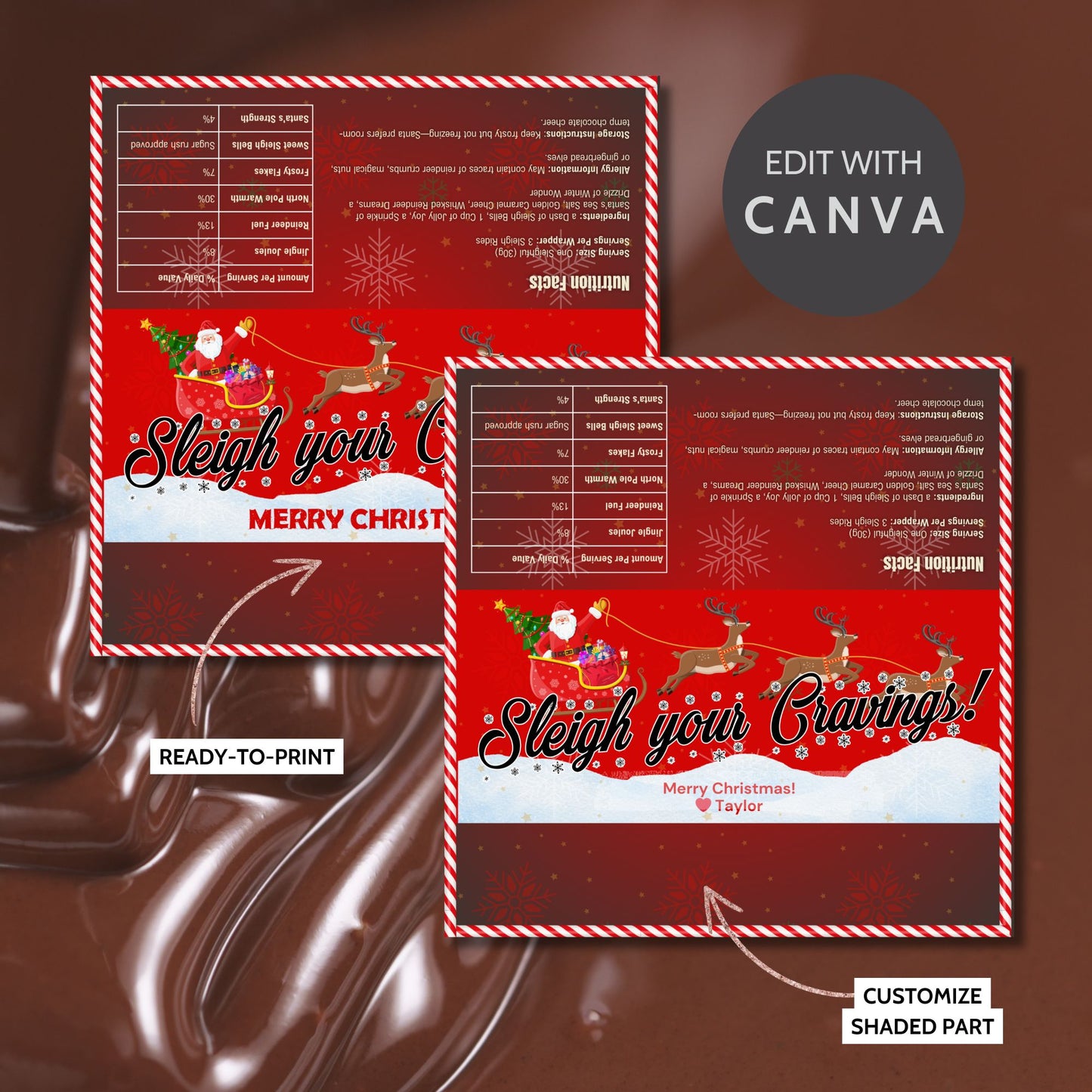 Christmas chocolate bar wrapper featuring Santa's sleigh, reindeer, festive text "Sleigh Your Cravings," with a customizable Merry Christmas message and snowy red backdrop.