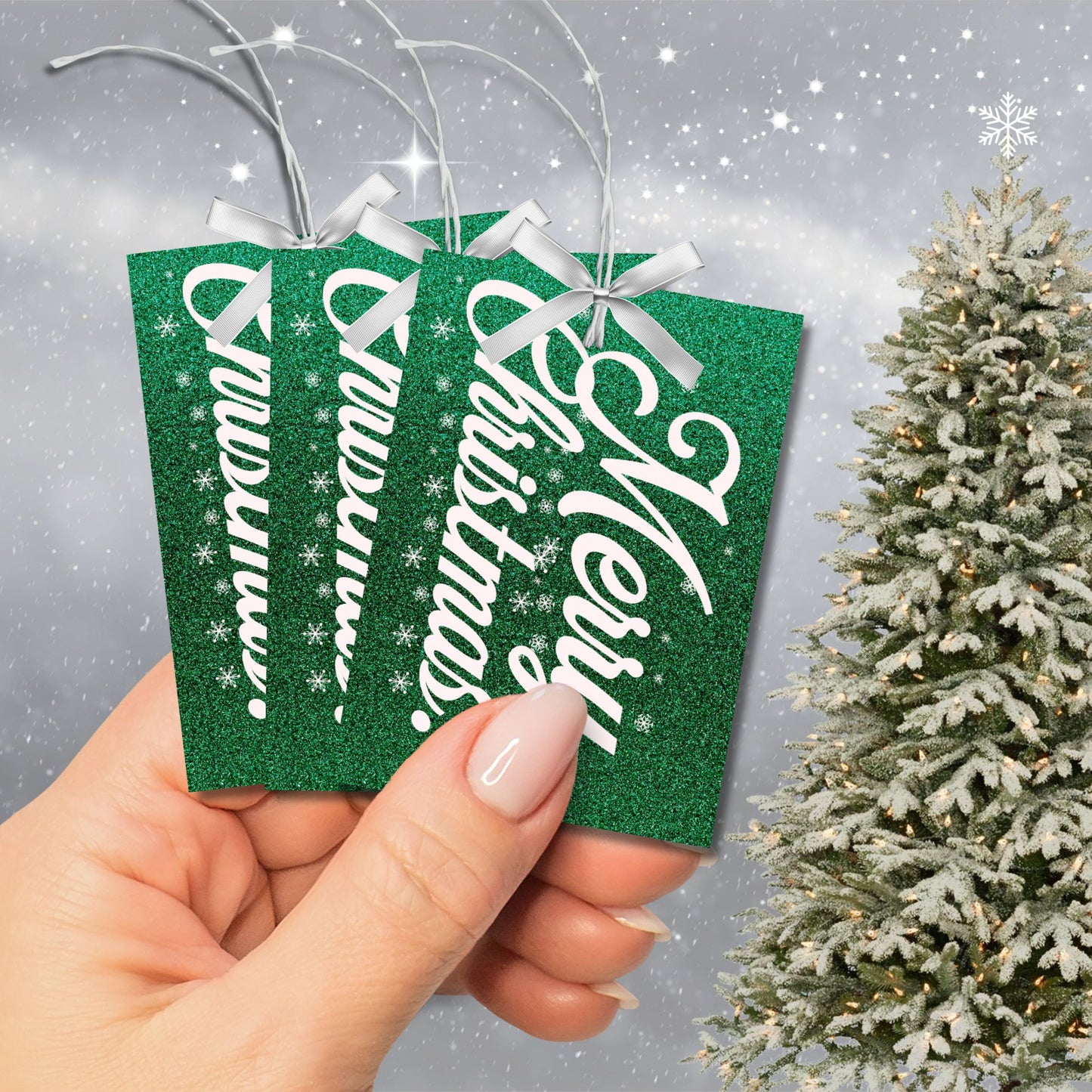 A set of green and white Christmas gift tags featuring "Merry Christmas!" in elegant white script on a glittering green background adorned with snowflake accents. Perfect for festive gift wrapping.