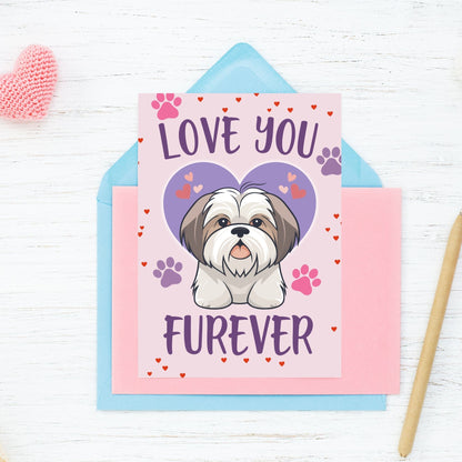 Printable Valentine’s Day Greeting Card featuring the pun “Love You Furever.” Designed as a 5x7 PDF on an 8.5 x 11 sheet with two cards per page. A cute and heartfelt Valentine’s card for pet lovers.