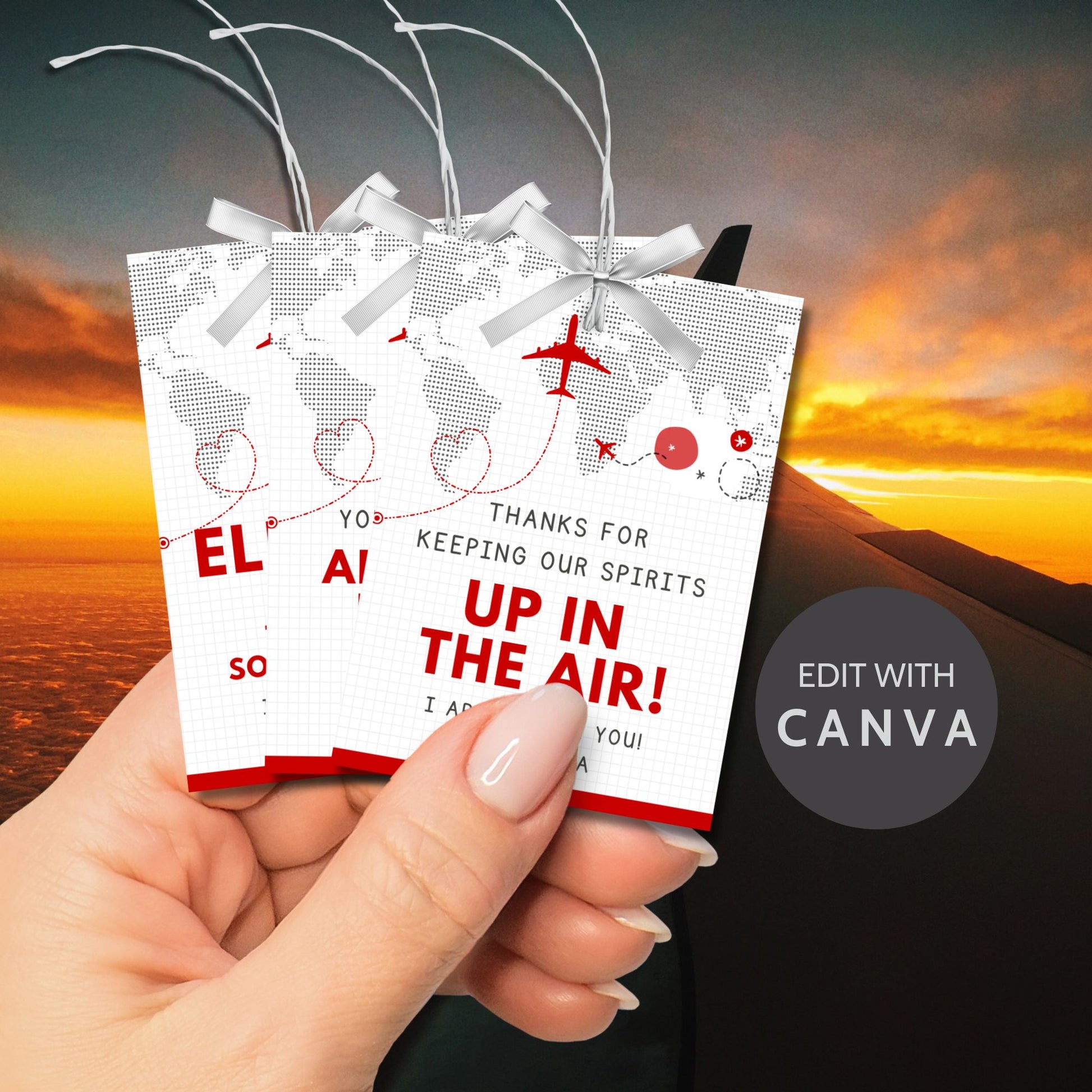 Printable aviation thank you gift tags in red and white minimalist design with airplane illustration, ideal for flight crew appreciation gifts.
