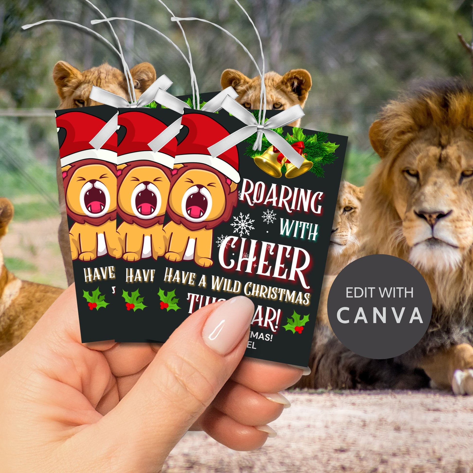 Christmas-themed lion gift tags featuring a cute cartoon lion in a Santa hat, surrounded by bells, holly, and snowflakes. The text reads 'Roaring with Cheer - Have a Wild Christmas This Year!'