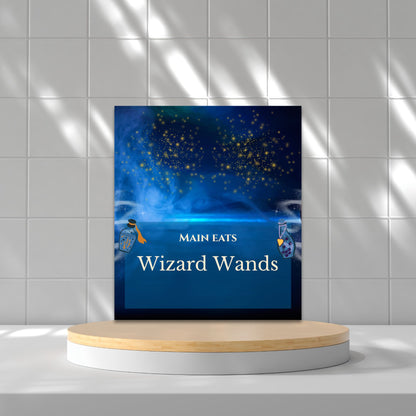 Editable wizard-themed party place card with a mystical night sky background, glowing golden stars, magical potion bottles, and customizable "Wizard Wands" text in a folded 3.5x4 inch design.