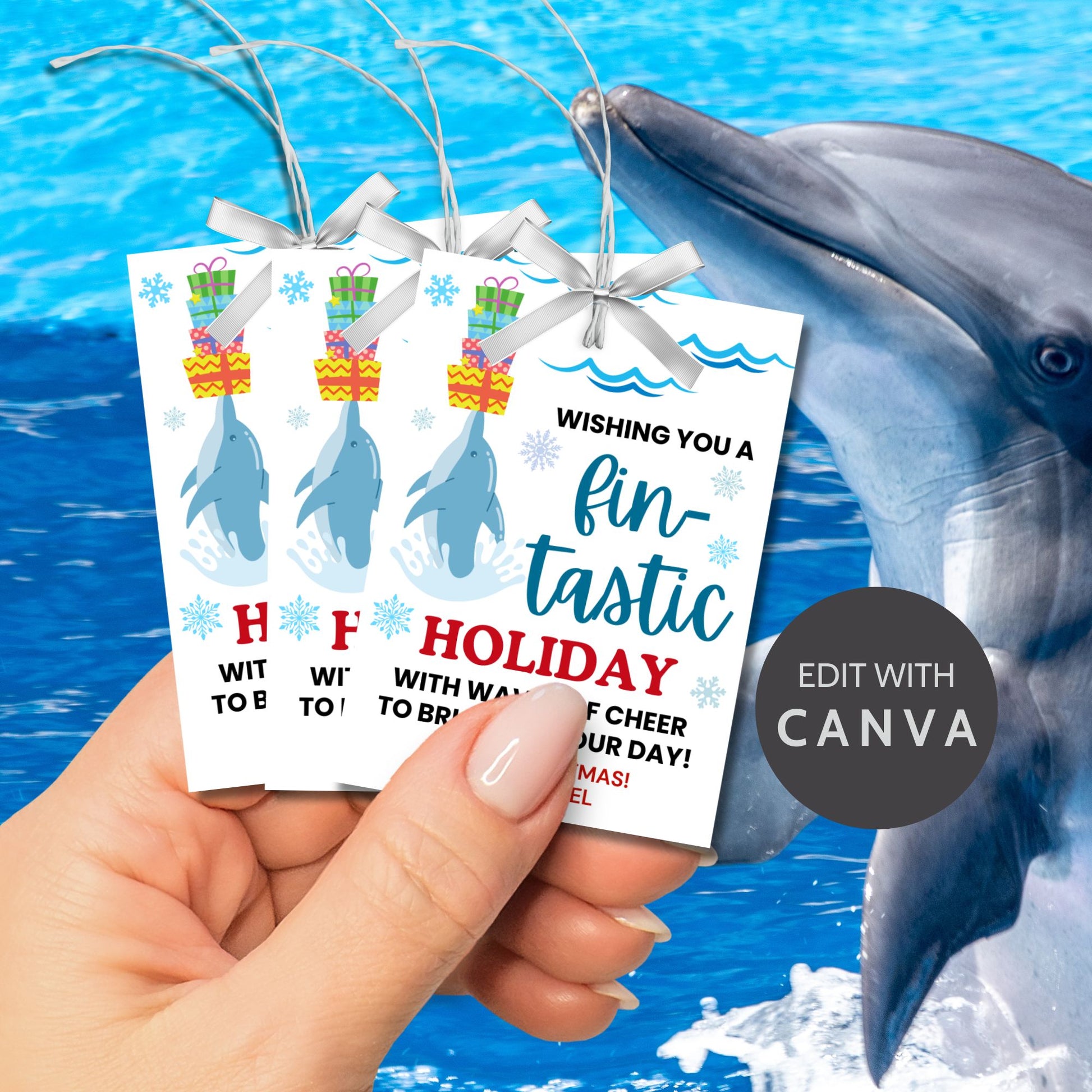 Dolphin-themed holiday gift tags featuring a cheerful dolphin balancing Christmas presents, with the message 'Wishing you a fin-tastic holiday with waves of cheer to brighten your day!' Perfect for adding a fun and ocean-inspired touch to holiday gifts.