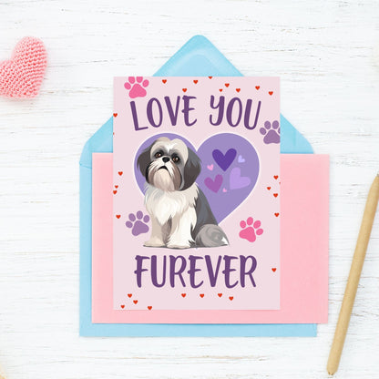 Printable Valentine’s Day Greeting Card featuring the pun “Love You Furever.” Designed as a 5x7 PDF on an 8.5 x 11 sheet with two cards per page. A cute and heartfelt Valentine’s card for pet lovers.