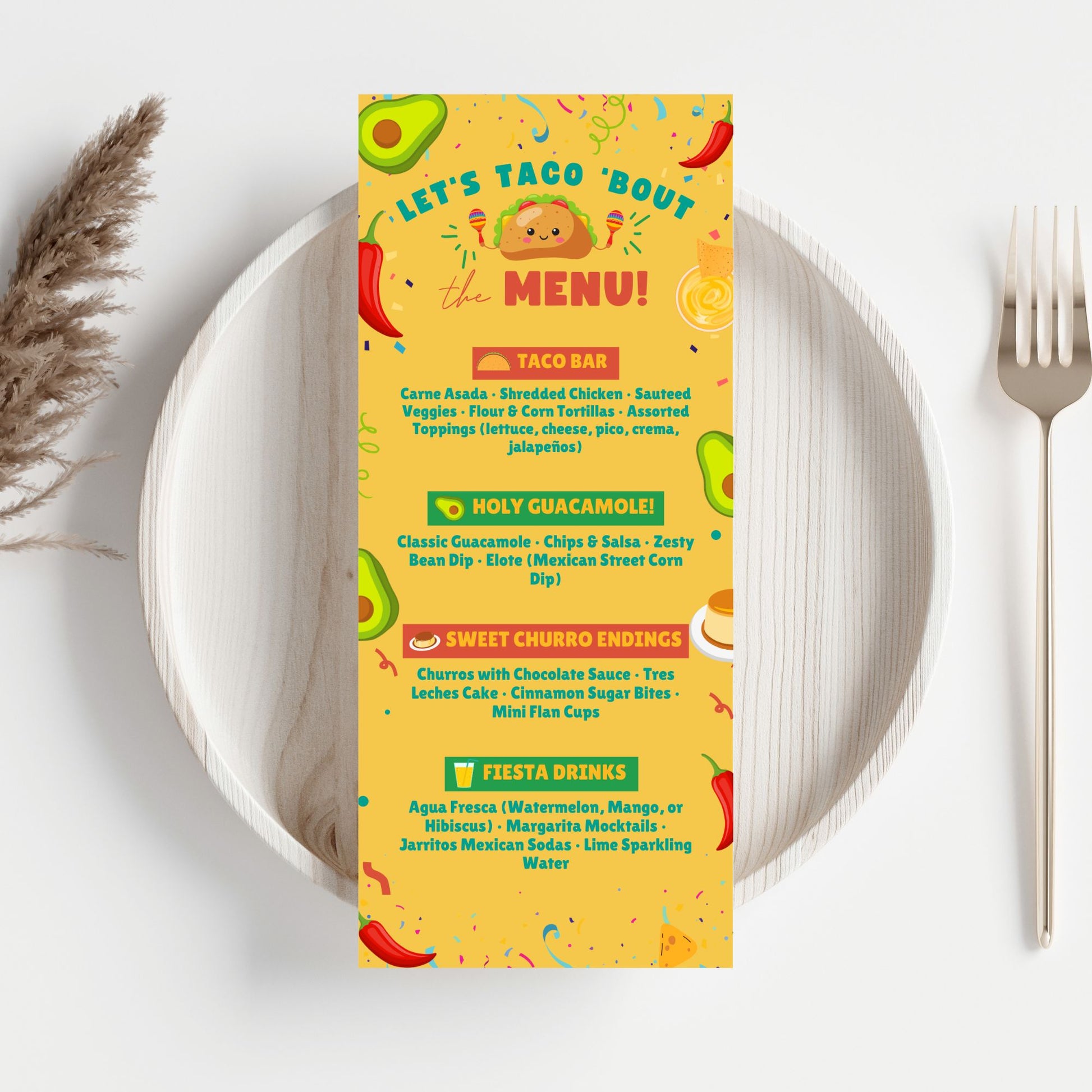 Editable taco-themed tabletop menu card titled “Let’s Taco ’Bout the Menu!” with bright fiesta graphics, customizable in Canva. Sized 3.65 x 8.5 inches for buffet and food station display.