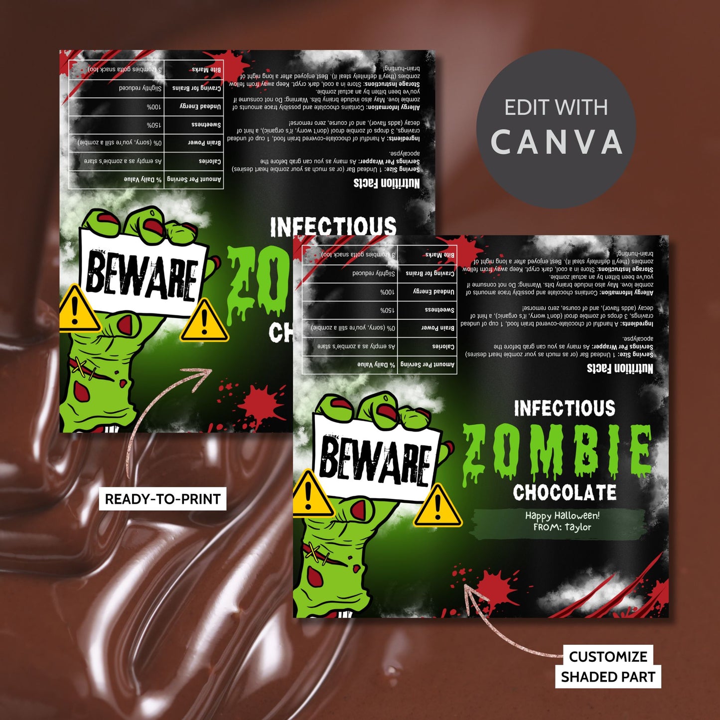 Printable and editable Zombie Halloween chocolate bar wrappers featuring spooky zombie hands and gory design, perfect for Halloween treats and parties.