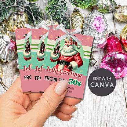 Retro-inspired Christmas gift tags featuring a vintage Santa holding a candy cane, with the text "Jolly Greetings from the 50s." These printable and editable tags evoke a nostalgic holiday vibe, perfect for adding a classic touch to Christmas gifts.