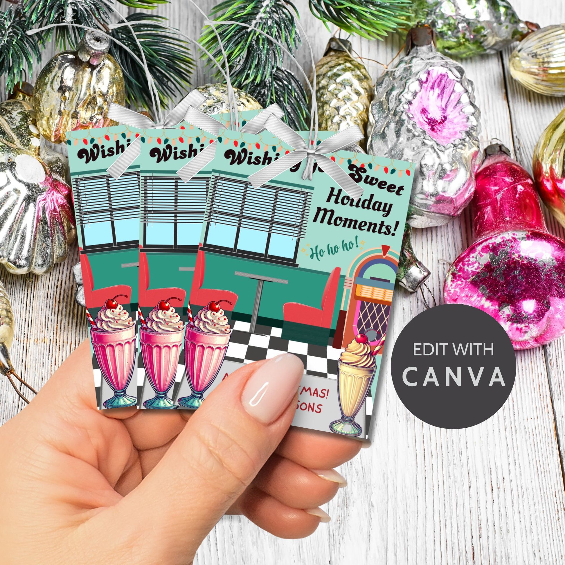 Retro-inspired Christmas gift tags featuring a 1950s diner scene with a jukebox, booths, and milkshakes, paired with the message "Wishing You Sweet Holiday Moments!" These printable and editable tags add a nostalgic touch to holiday gifting.