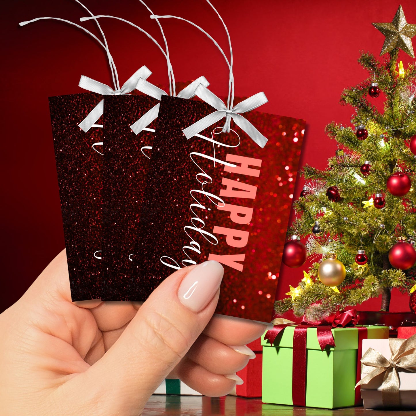 Red-themed ready-to-print Holiday gift tags featuring a glittery red background with elegant "Happy Holidays" text, 2.5 x 3.5 inches, 8 per 8.5 x 11-inch sheet.