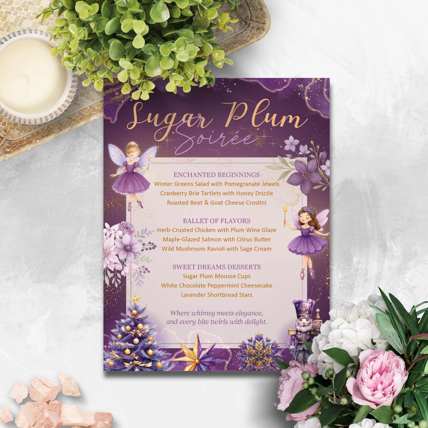 Invitation card for 'Sugar Plum Soiree' with fairy design on a white surface with flowers and a candle.