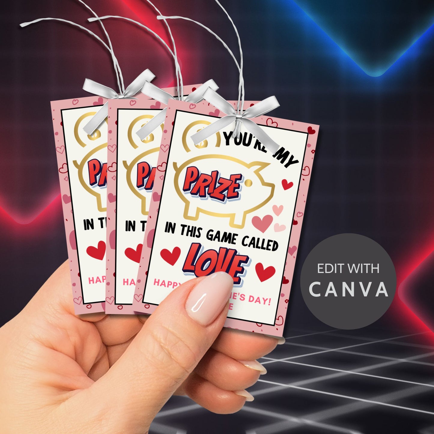 Game-themed Valentine’s Day gift tags featuring a piggy bank design with the message "You’re My Prize in This Game Called Love!" Customizable with a name for personalized gifting.