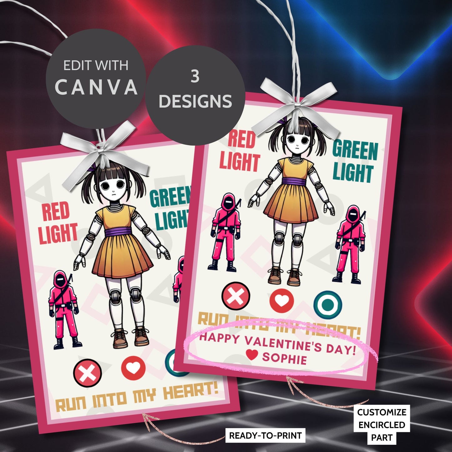 Set of three Red Light, Green Light-themed Valentine’s Day gift tags featuring playful designs, customizable name options, and a unique gaming-inspired message. Perfect for classrooms, parties, and loved ones.