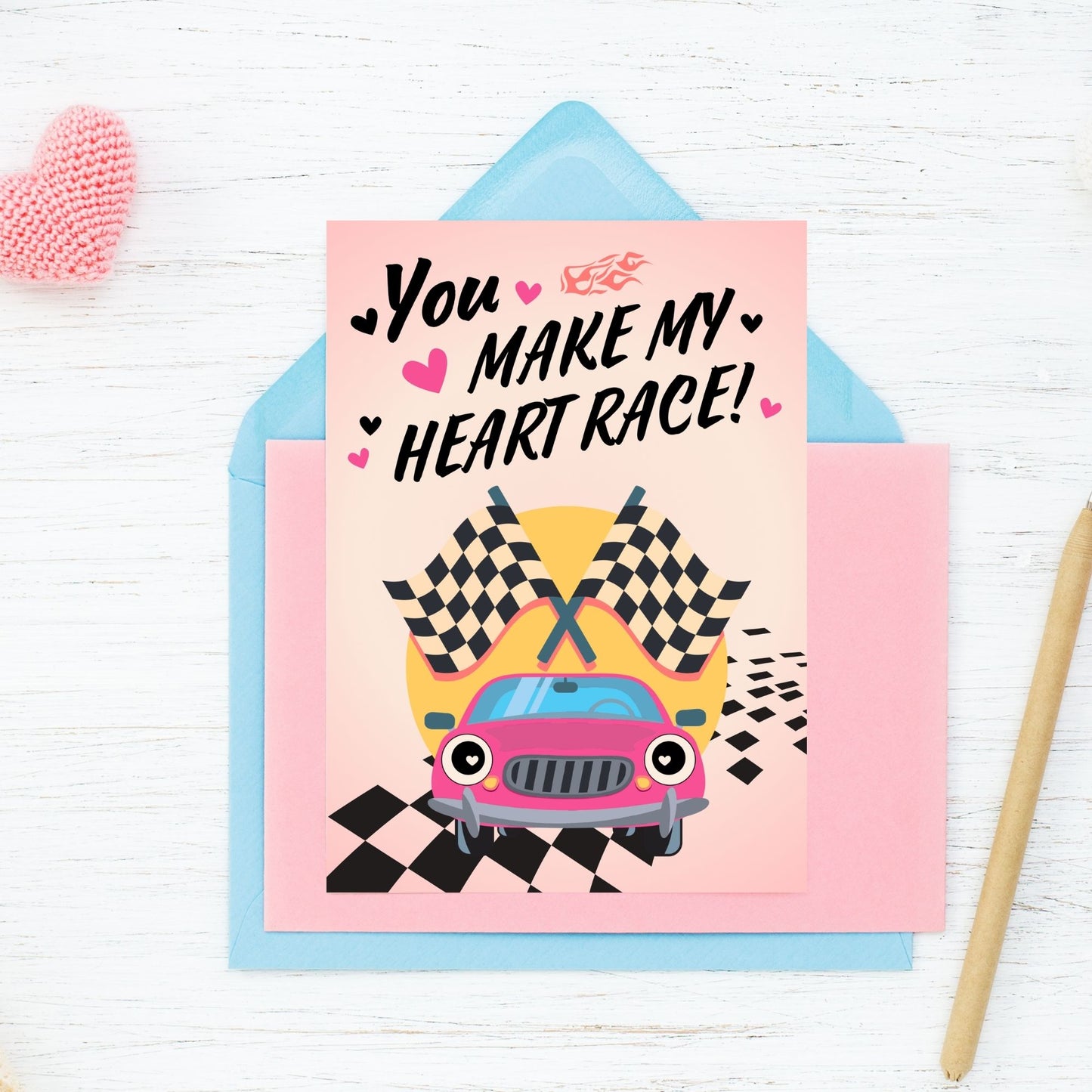 Printable Valentine’s Day Greeting Card featuring the phrase “You Make My Heart Race.” Designed as a 5x7 PDF on an 8.5 x 11 sheet with two cards per page. A fun and high-energy Valentine’s card for car lovers.