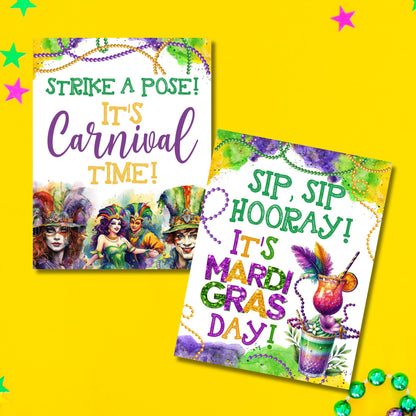 Printable Mardi Gras table signs featuring vibrant purple, gold, and green designs, perfect for themed party decor, drink stations, and festive event displays.