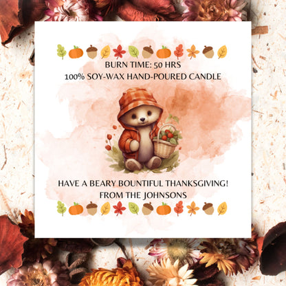 A set of 9 "Beary Bountiful Thanksgiving" themed Fall candle labels featuring charming bears, autumn leaves, and Thanksgiving motifs. The 2.75-inch square labels come as fixed designs with editable text for personal customization.