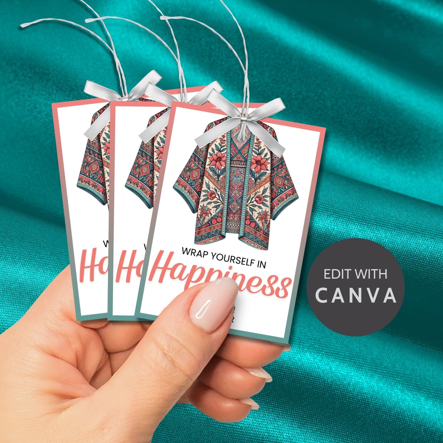 Printable kimono gift tags featuring a colorful kimono design with the text "Wrap Yourself in Happiness" and customizable space for names, perfect for adding a personal touch to any gift.