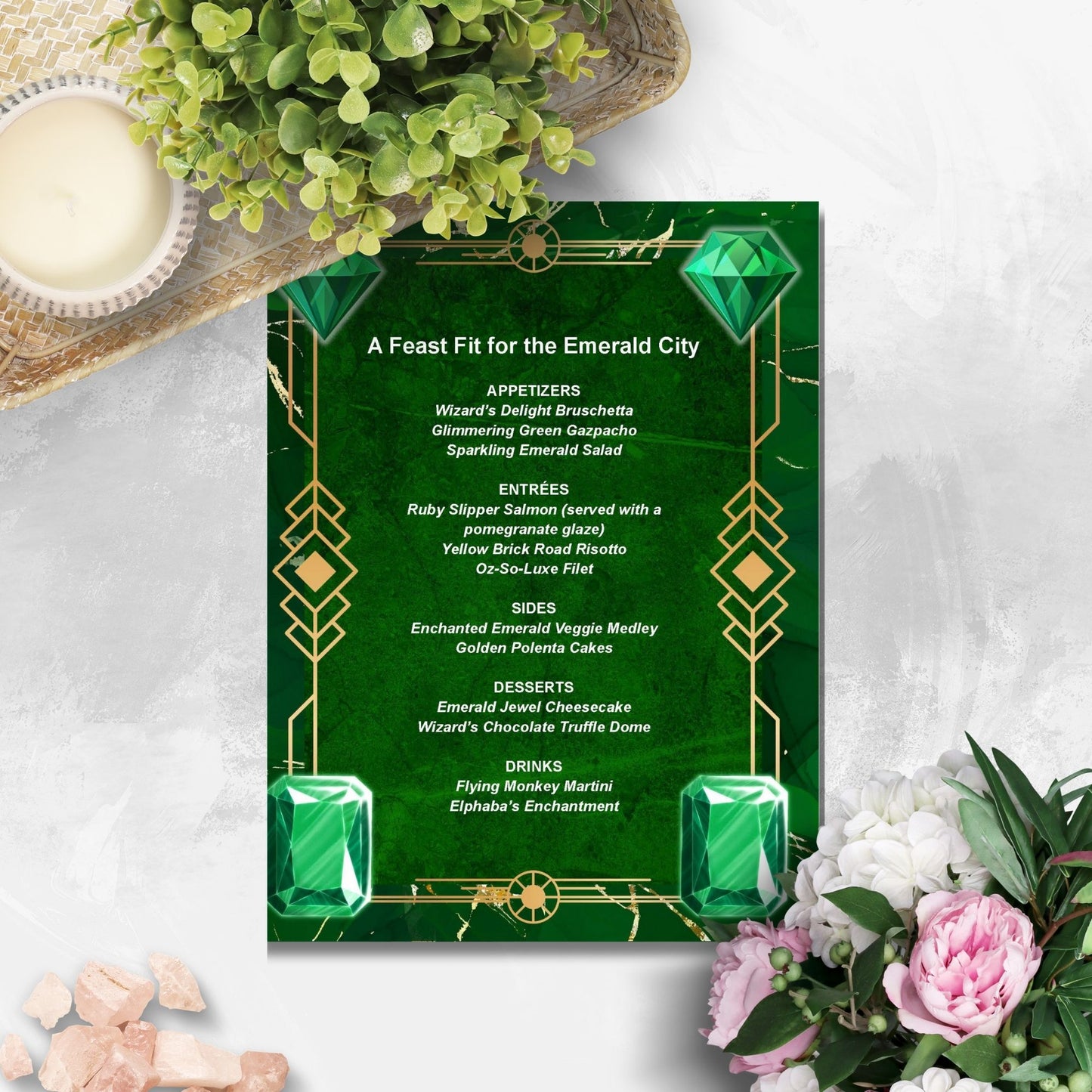 Editable Emerald City-inspired menu template featuring luxurious dishes like Ruby Slipper Salmon and Flying Monkey Martini, perfect for a Wicked-themed party or elegant event.