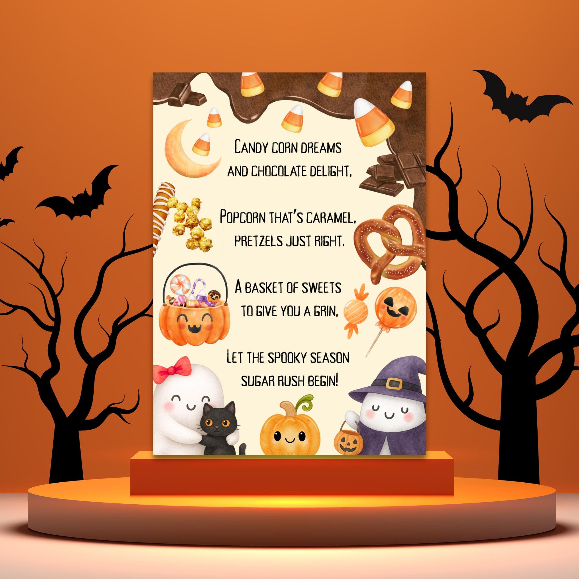 Halloween-themed decorative sign with cartoon characters and candy illustrations on an orange background.