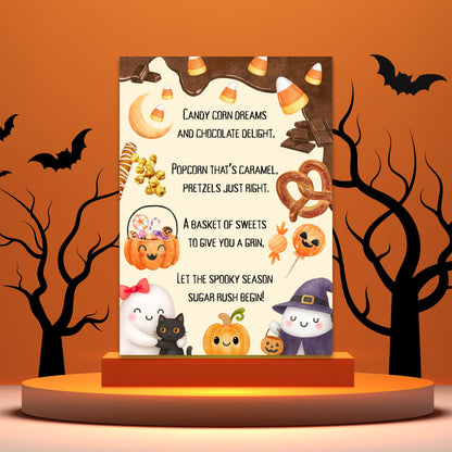 Halloween-themed decorative sign with cartoon characters and candy illustrations on an orange background.