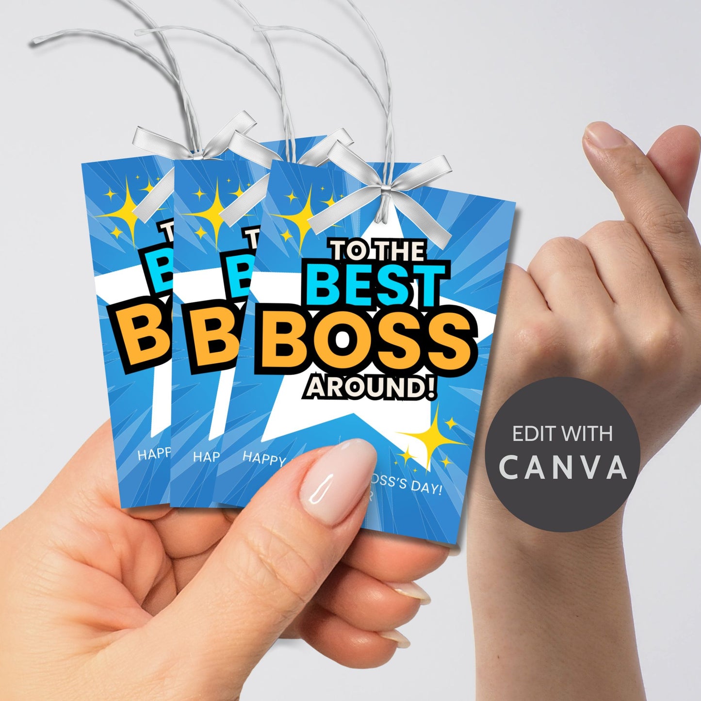 Editable National Boss's Day gift tags with the bold message "To the Best Boss Around!" against a bright blue and starburst background. Each tag is 2.5 x 3.5 inches, 8 per sheet.