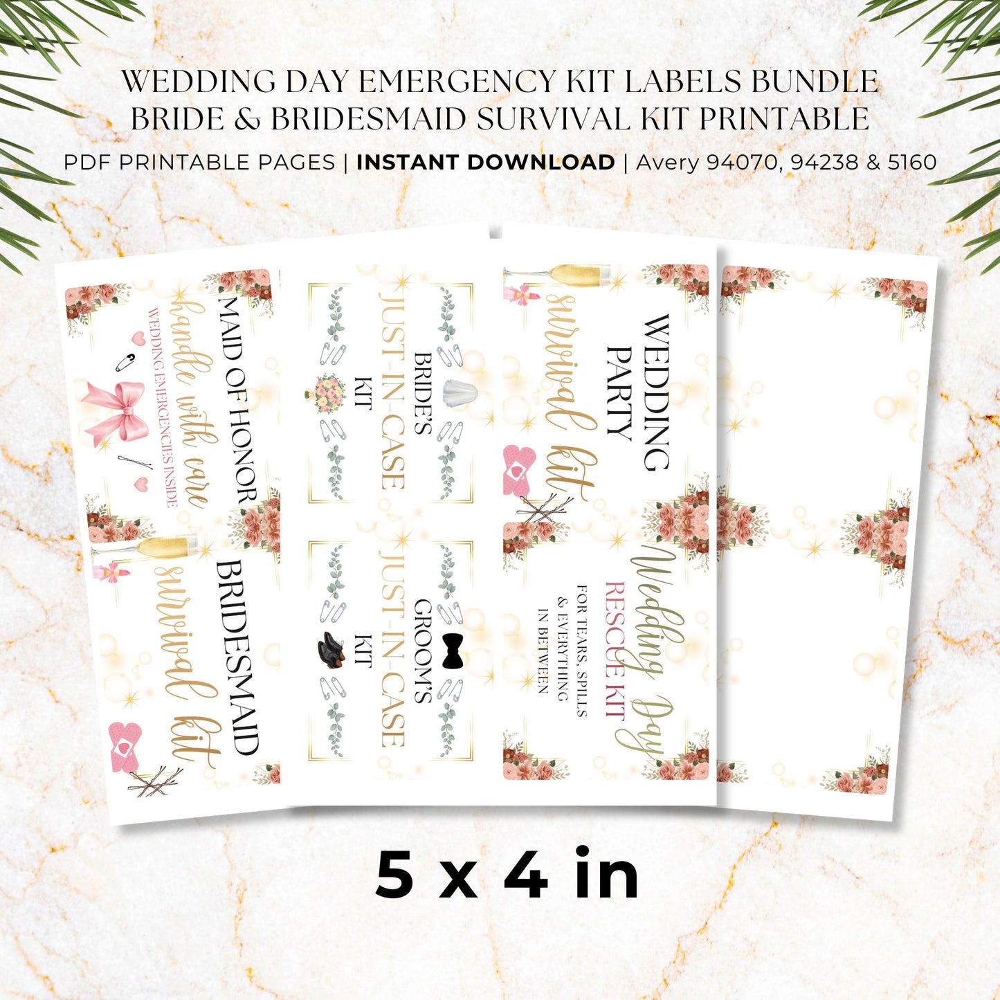 Large 5 x 4 wedding emergency kit labels for bride, groom, bridesmaid, maid of honor and wedding party survival kits