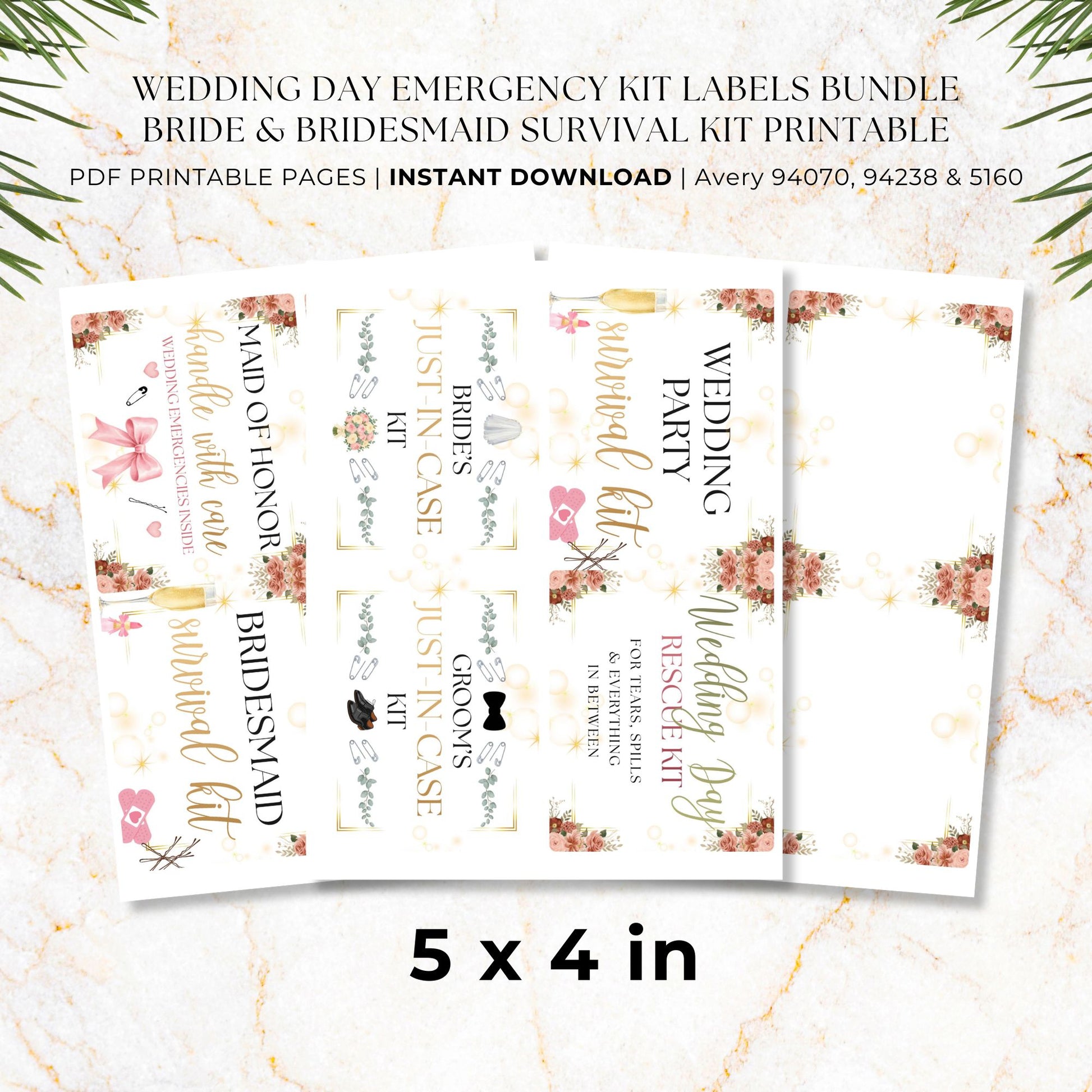 Large 5 x 4 wedding emergency kit labels for bride, groom, bridesmaid, maid of honor and wedding party survival kits