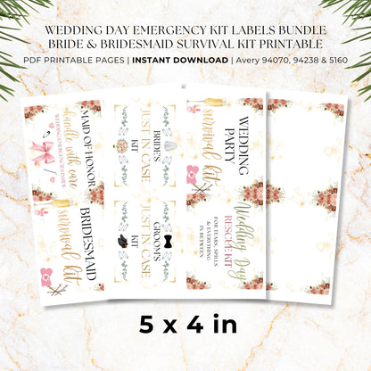 Large 5 x 4 wedding emergency kit labels for bride, groom, bridesmaid, maid of honor and wedding party survival kits