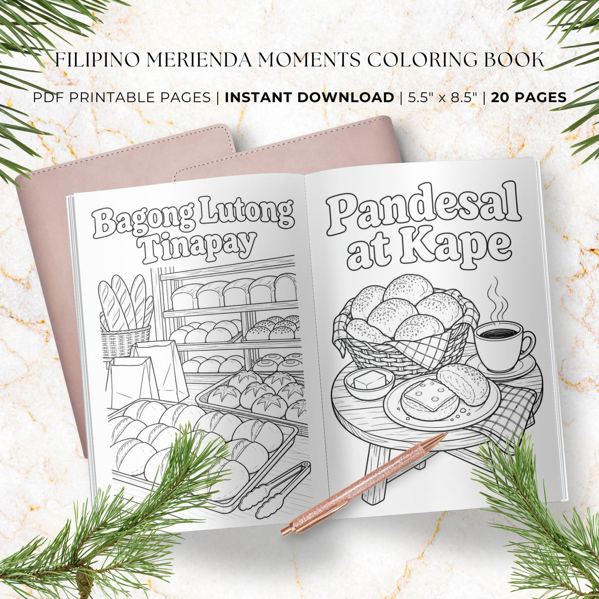 Open preview of a Filipino merienda-themed coloring book showing two illustrated pages with bread, a cup, and a pen on a marble surface, with text indicating PDF printable pages and instant download.