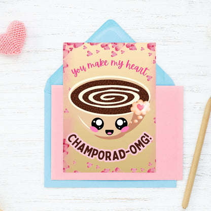 Printable Valentine’s Day card featuring the phrase “You Make My Heart ChamporadOMG” with a Filipino Champorado-inspired design. Designed as a 5x7 PDF on an 8.5 x 11 sheet with two cards per page. A punny and heartfelt Valentine’s card for Filipino food lovers.