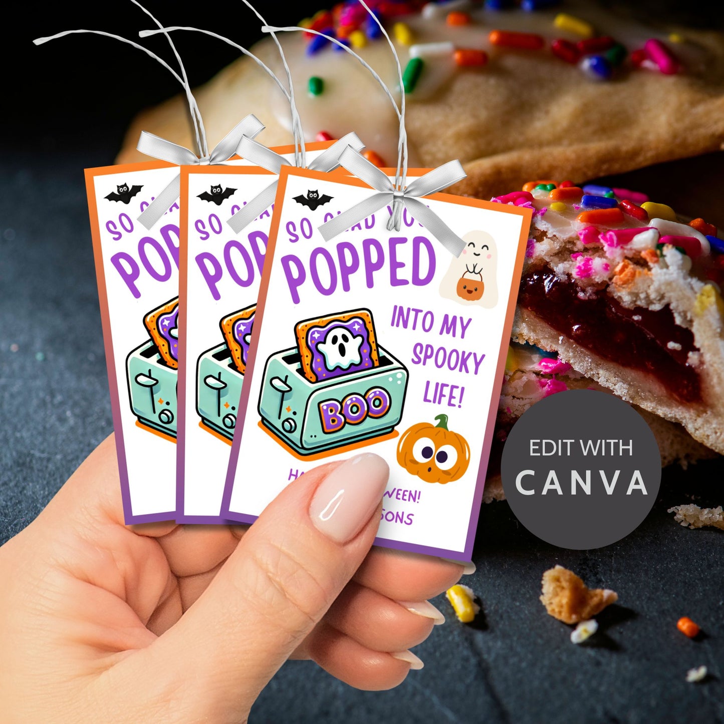 Halloween gift tag featuring a toaster with Pop-Tarts and ghosts with the message 'So Glad You Popped into My Spooky Life!' for Halloween Pop-Tart gifts. Perfect for printable and editable Halloween treat tags.