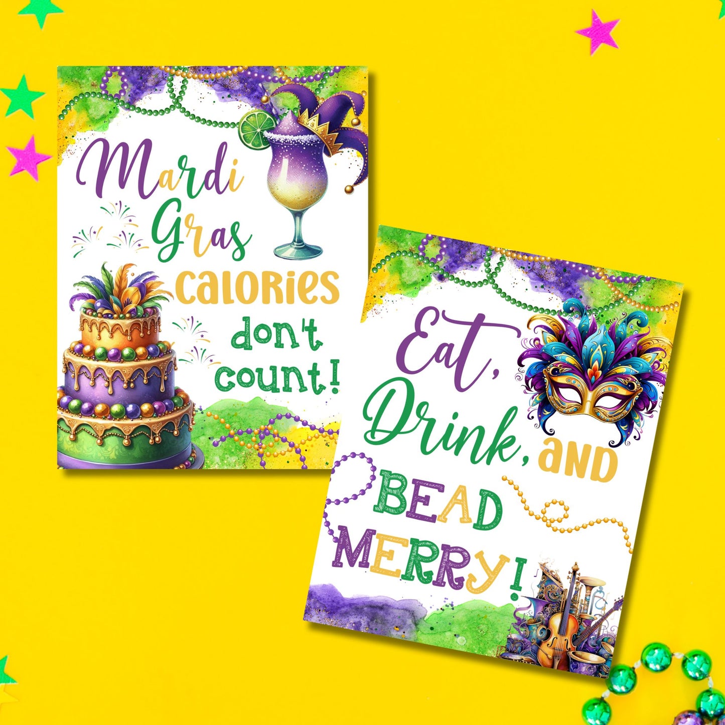 Printable Mardi Gras table toppers featuring fun and playful quotes in bright purple, gold, and green, perfect for party decorations, centerpieces, and festive event setups.