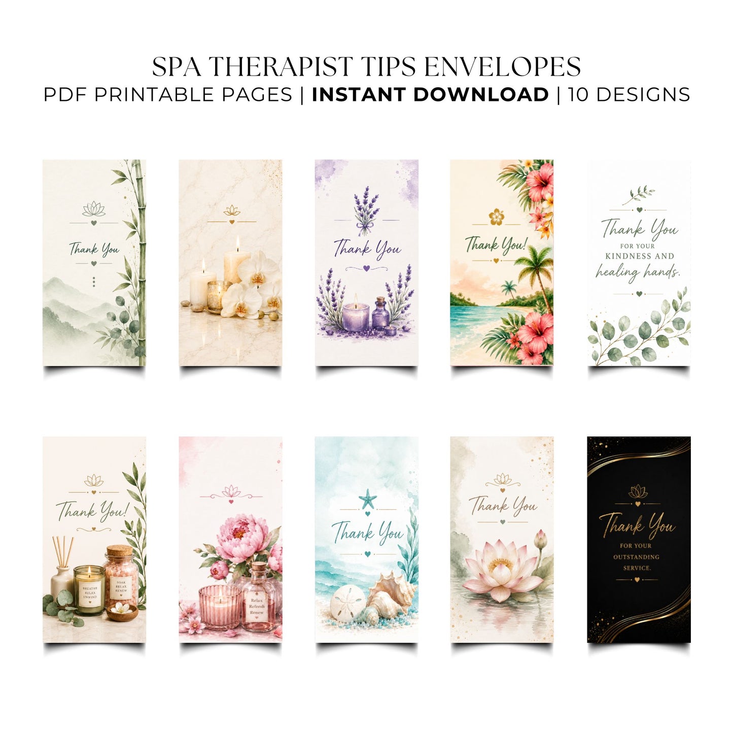 Printable Spa Therapist Tip Envelopes Bundle | 10 Elegant Spa Thank You Money Holders | Massage Therapist Appreciation Gift | Instant Download PDF