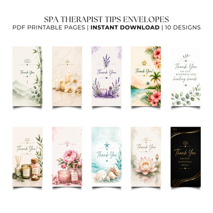 Printable Spa Therapist Tip Envelopes Bundle | 10 Elegant Spa Thank You Money Holders | Massage Therapist Appreciation Gift | Instant Download PDF