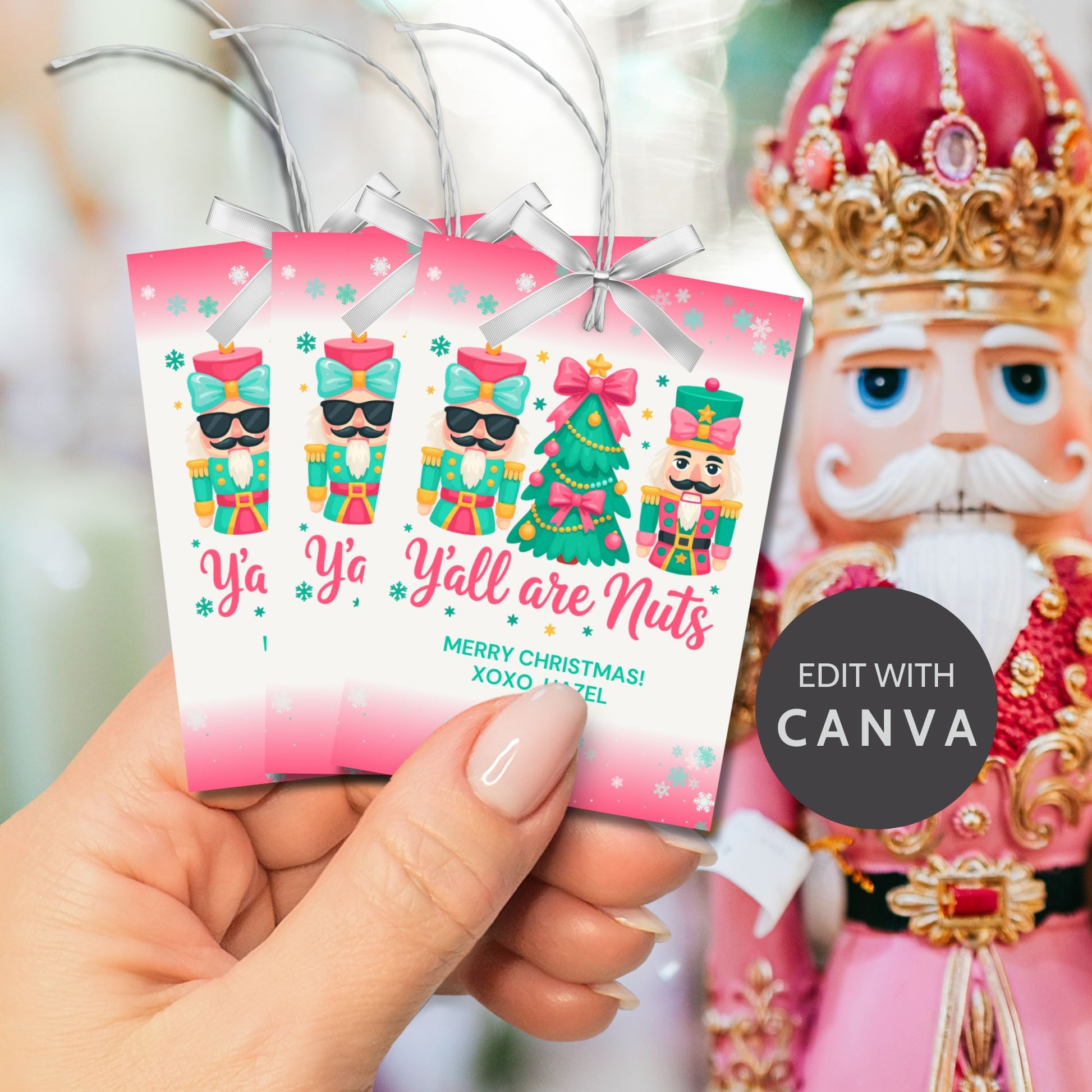 Printable and editable Christmas gift tags with the phrase “Y’all Are Nuts,” sized 2.5 x 3.5 inches, laid out 8 per sheet on 8.5 x 11. Perfect for holiday treat bags and nut-themed gifts.
