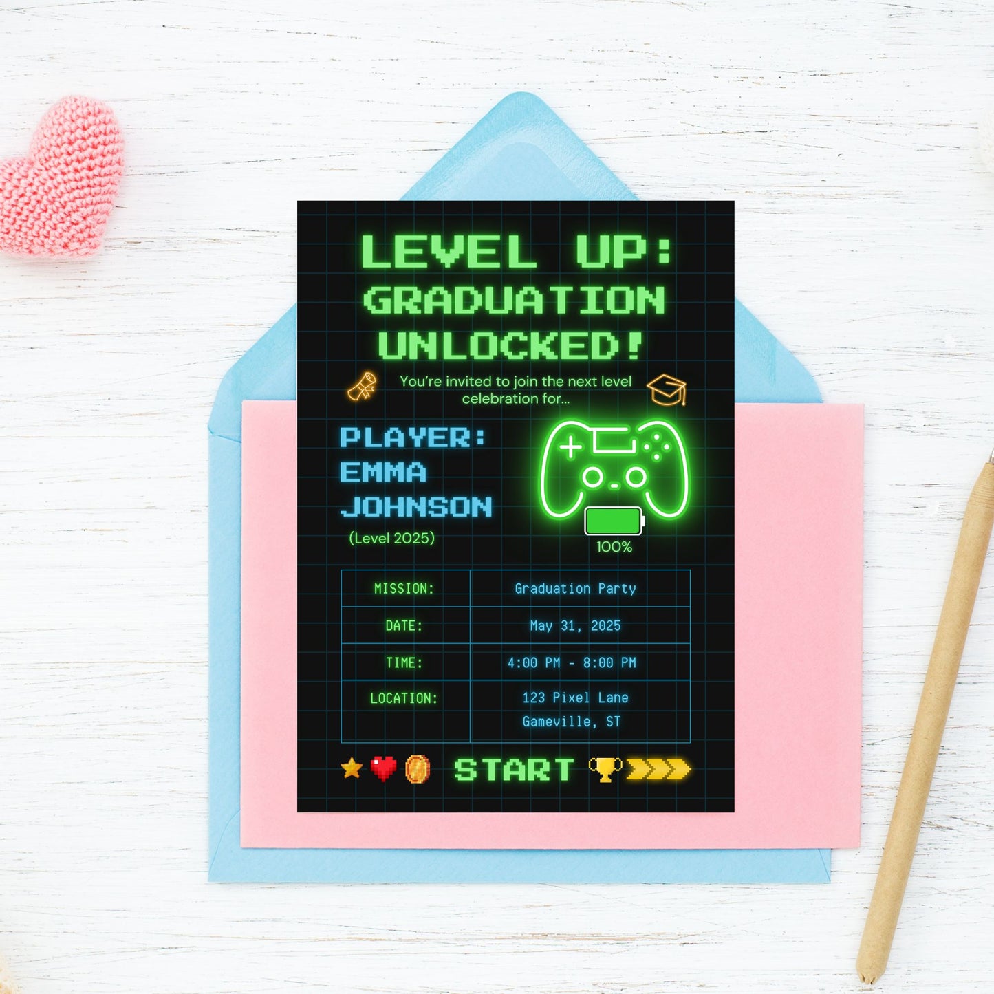 Editable 5x7 video game-themed graduation invitation with neon graphics, game controller icon, and retro gamer text layout. Canva editable.