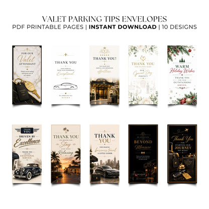 A collage showing ten different printable valet parking tips envelope designs, labeled as a PDF printable pages instant download with 10 designs. The designs feature elegant typography, vintage cars, scenic city views, and holiday motifs in black, gold, beige, and green color schemes.