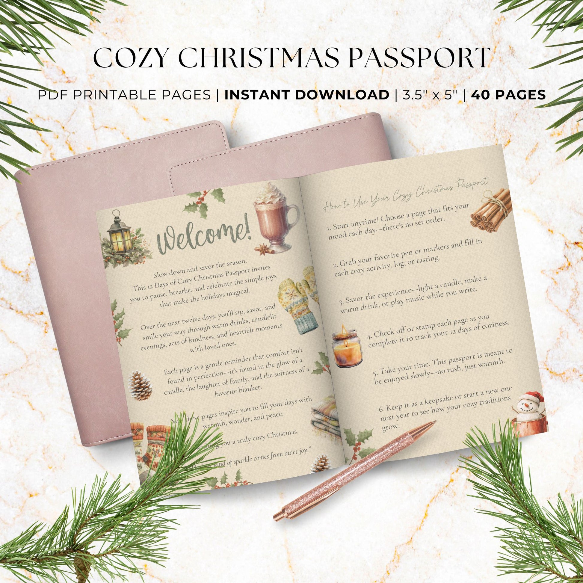 Cozy Christmas Passport Printable – 40-page hygge holiday journal with watercolor illustrations, tasting logs, self-care pages, and winter reflections.