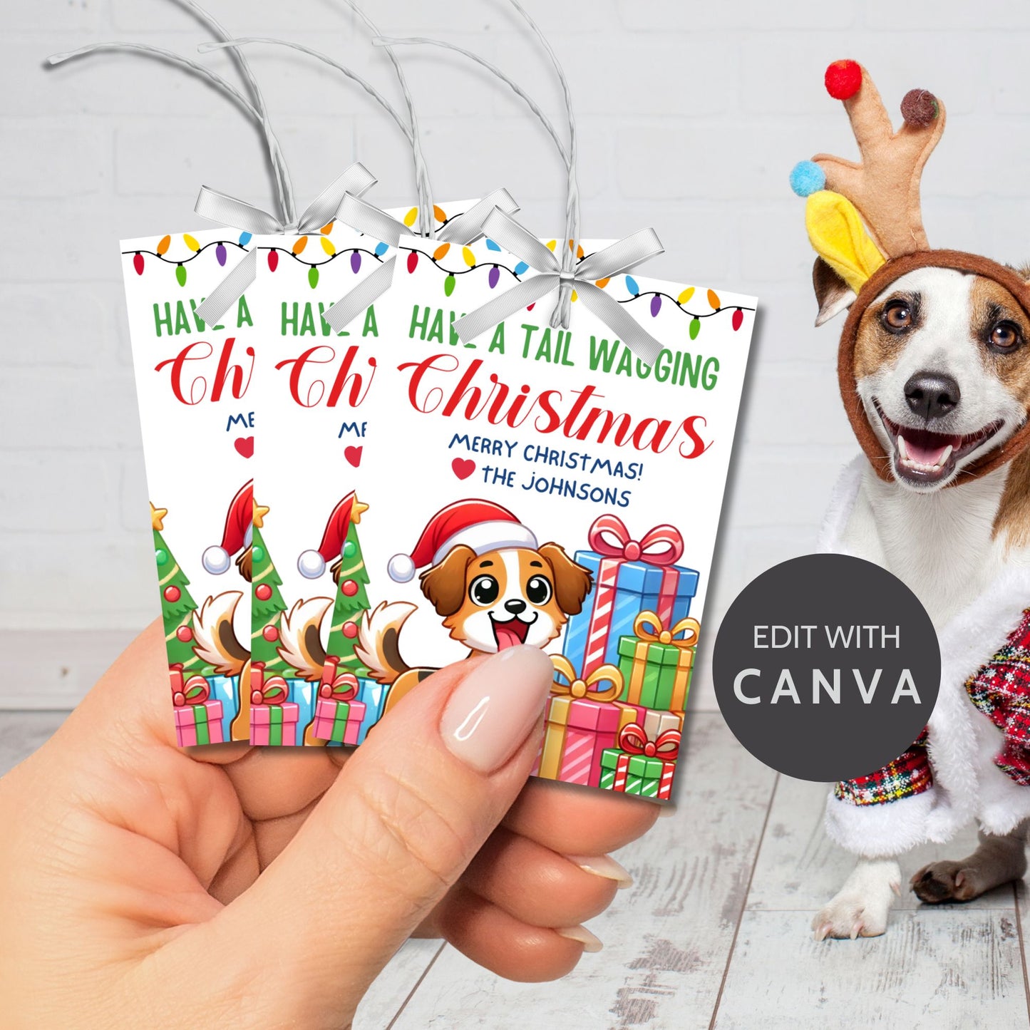 Christmas gift tags featuring a happy dog wearing a Santa hat with festive presents and colorful lights, paired with the message "Have a Tail Wagging Christmas." These printable and editable tags add a playful touch to holiday gifts for dog lovers.