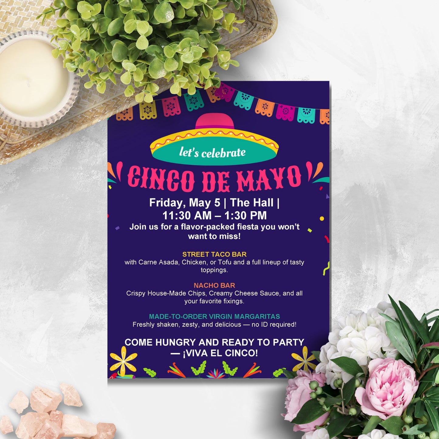 Editable Cinco de Mayo flyer with vibrant sombrero and papel picado design; fixed header says “Let’s Celebrate Cinco de Mayo,” with editable fields for event details and menu.