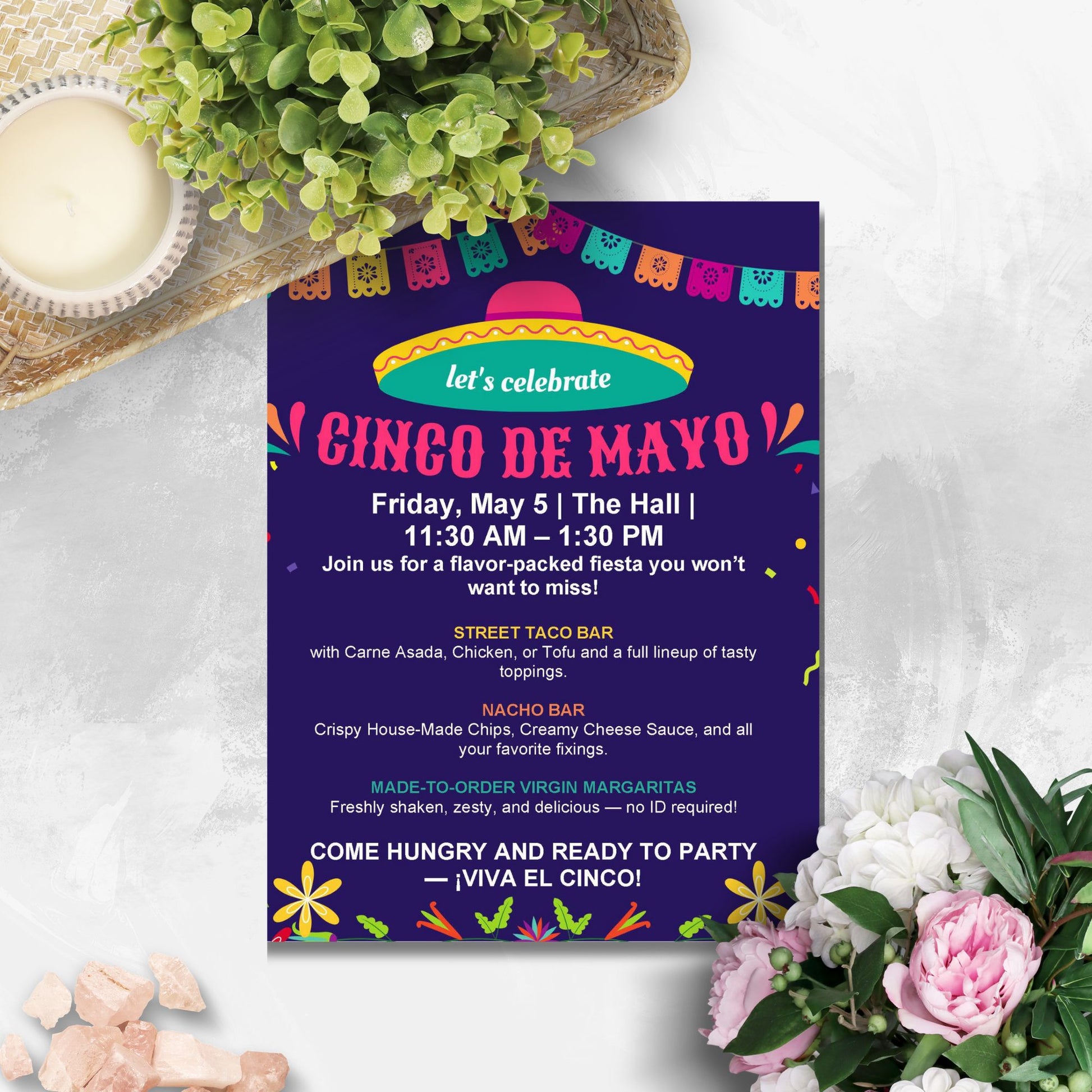 Editable Cinco de Mayo flyer with vibrant sombrero and papel picado design; fixed header says “Let’s Celebrate Cinco de Mayo,” with editable fields for event details and menu.