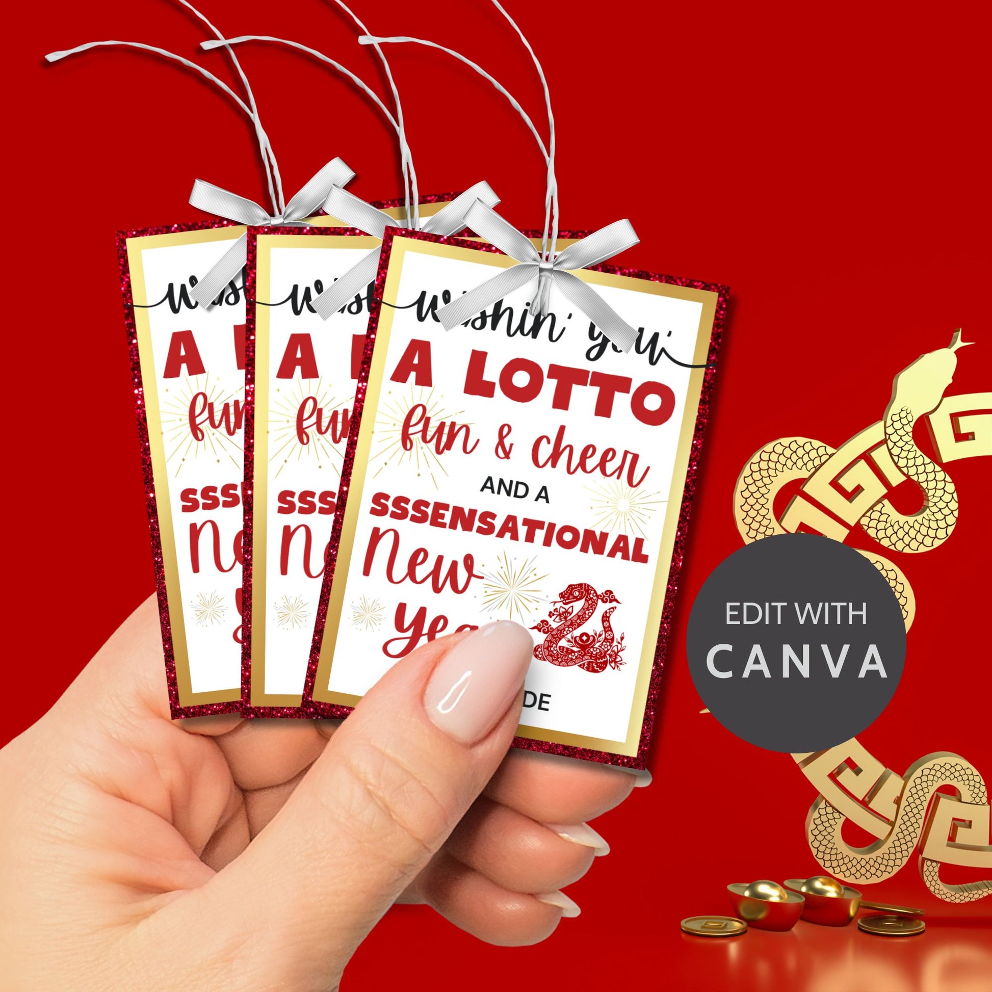 A printable Year of the Snake-themed gift tag with vibrant red and gold accents, featuring a playful message for New Year celebrations and scratch-off lottery gifts.